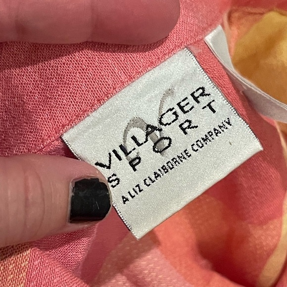 Vintage rayon blend pink yellow chunky plaid cropped sleeve button up - Picture 9 of 9